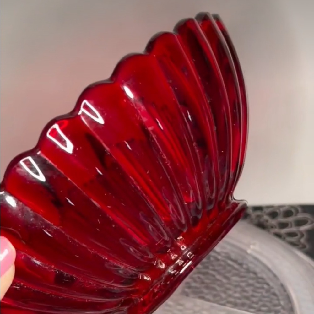 Vintage Red Cadmium Glass Candy Dish UV Glow Fluted Ribbed Bowl